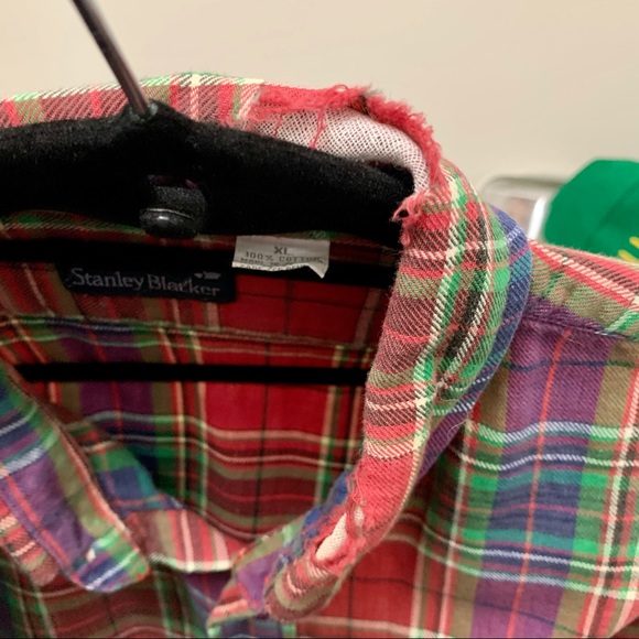 Vintage 90s Distressed Mens Red Green Blue Plaid Shirt Long Sleeve Cotton XL - Picture 7 of 7